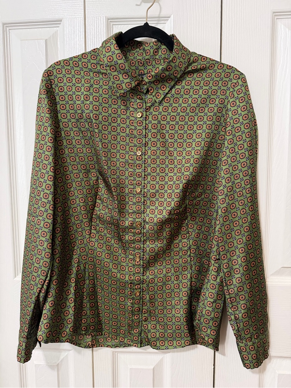 Talbots Olive Green Geometric Button-Down Blouse